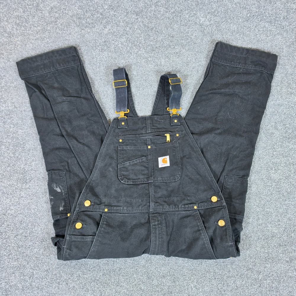 Carhartt R01-M Black Relaxed Fit Double Knee Bib Overalls Mens 36x28 Workwear